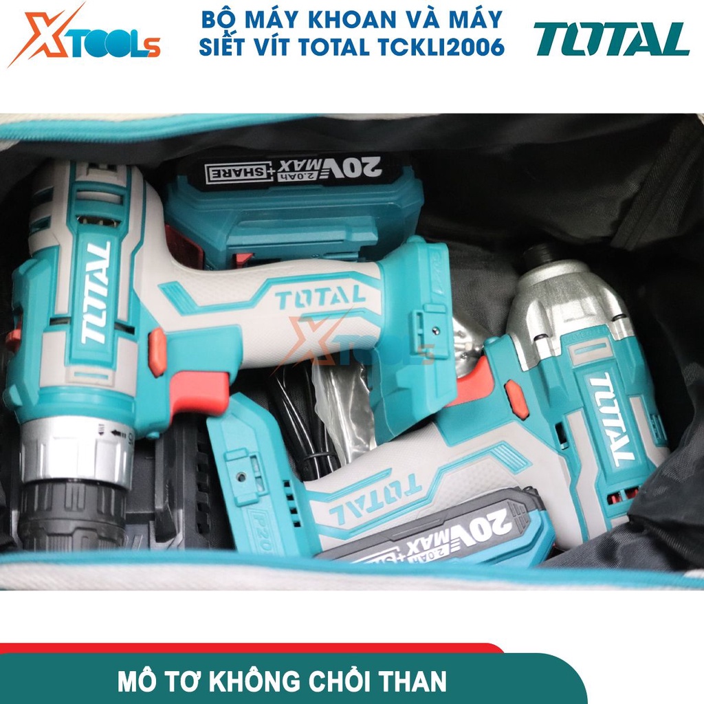 Bộ combo máy khoan pin và máy bắn vít dùng pin motor không chổi than 20V TOTAL TCKLI2006 kèm 2 pin 2A-CHÍNH HÃNG-XTOOLS