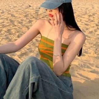 Áo Dệt Kim Hai Dây Họa Tiết Kẻ Sọc Thời Trang Mùa Hè Quyến Rũ Cho Nữ