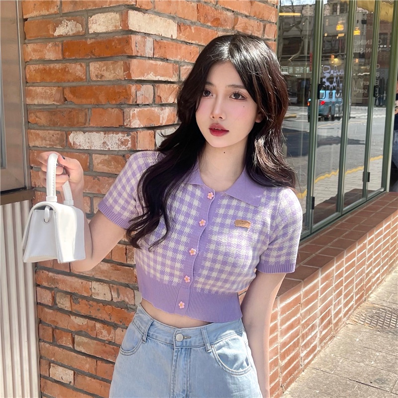 WANG JIAO ZHAN Áo Croptop Dệt Kim Cổ polo Họa Tiết Sọc Caro Thời Trang Cho Nữ