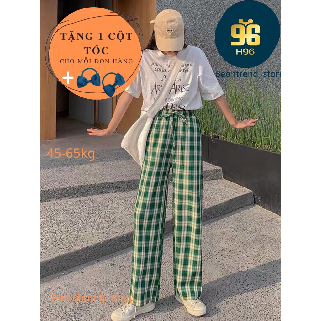 Quần Ống Rộng Quần Kẻ Caro MÀU XANH LÁ Phong Cách Hàn Quốc Freesize 40-65kg