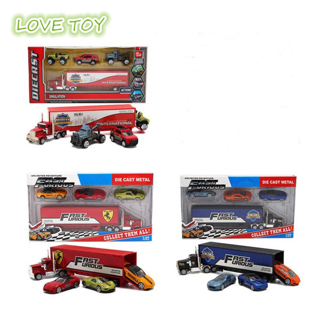 In Stock 4PCS Alloy Toy Vehicle Set 1 Container Truck 3 Mini Vehicles Birthday Christmas Halloween Gift