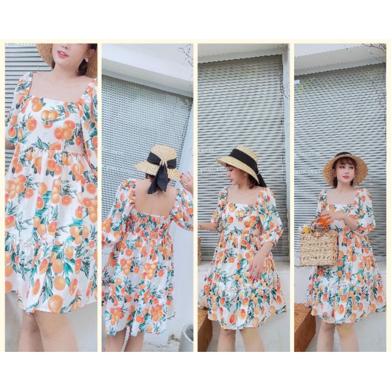 Đầm cổ vuông_Dáng xèo _Hoạ tiết quả cam_đáng yêu