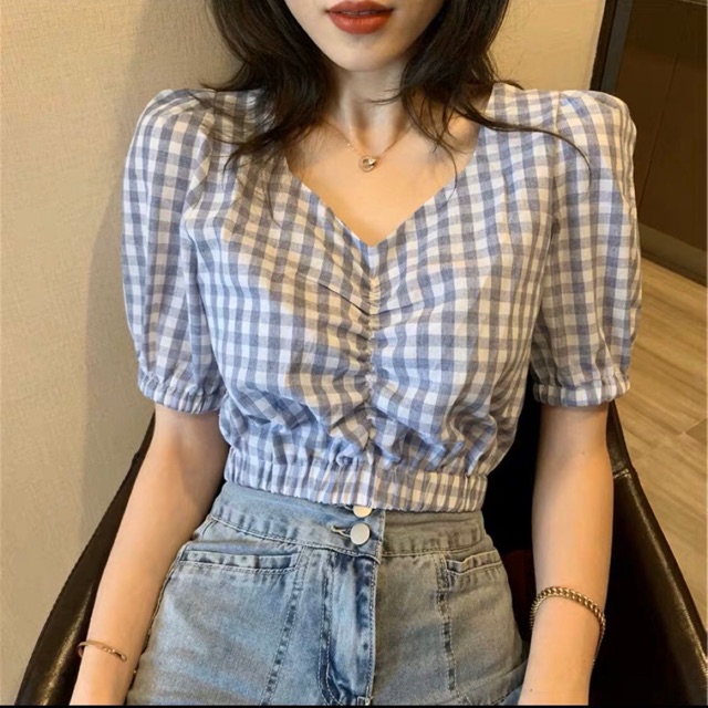 áo croptop kiểu caro rút ngực thời trang