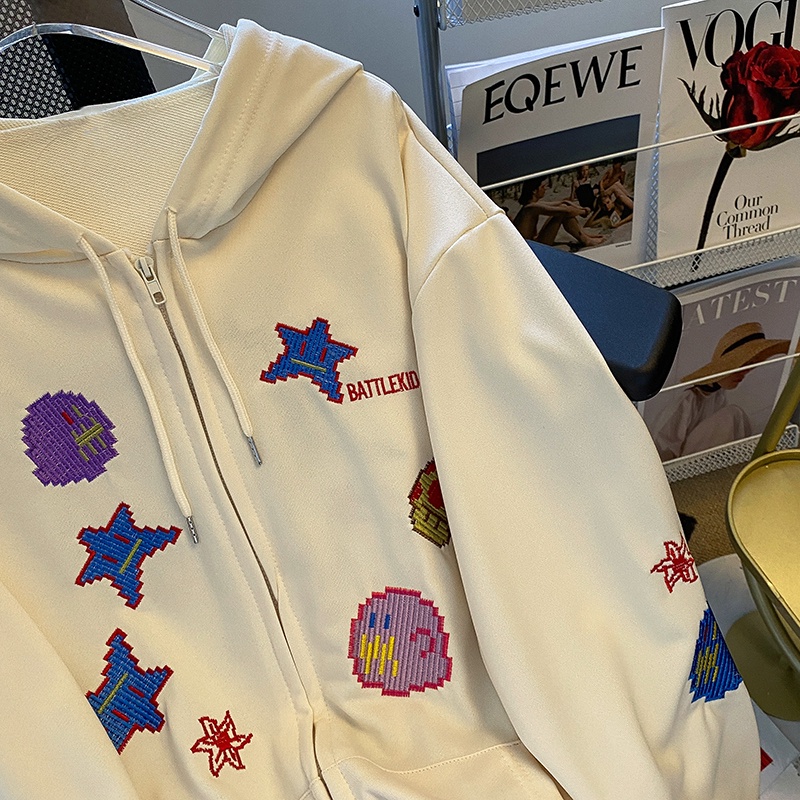 Áo khoác ZHELIHANGFEI có mũ trùm đầu tay dài dáng rộng thêu họa tiết ngọt ngào