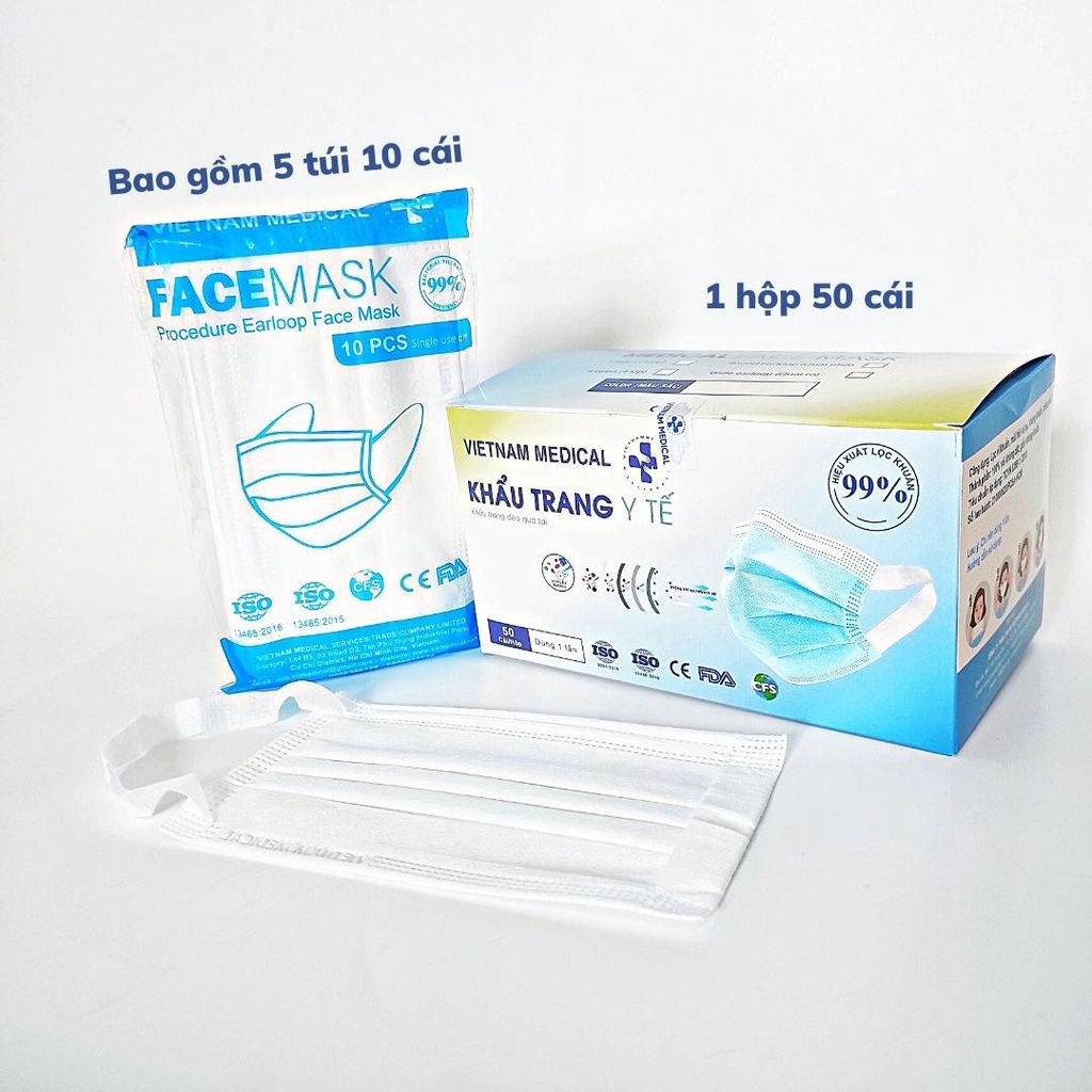 Hộp 50c Khẩu Trang Y Tế 4 Lớp Cao Cấp Vietnam Medical Quai Đeo Không Đau Tai