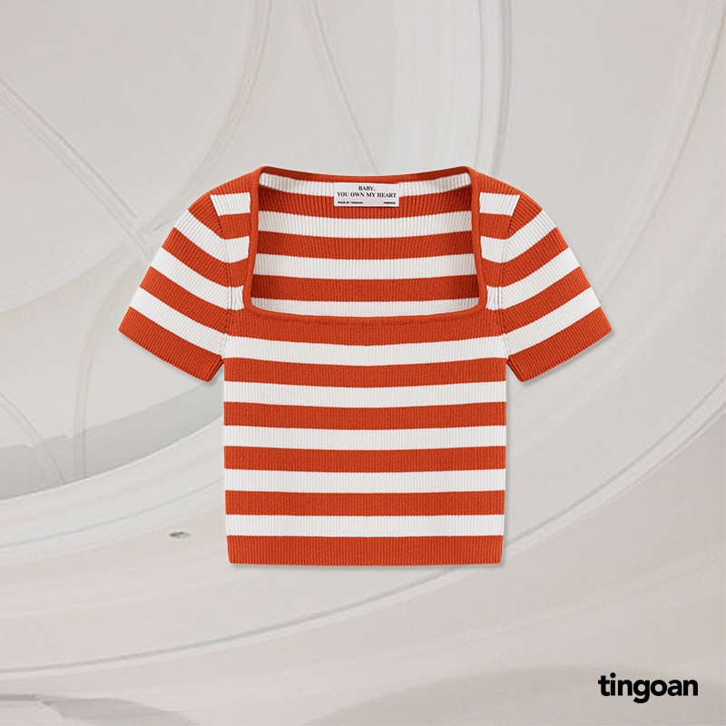 TINGOAN® - Áo len xù crop lửng ngắn tay cổ vuông kẻ trắng cam BORA BORA TOP/OR