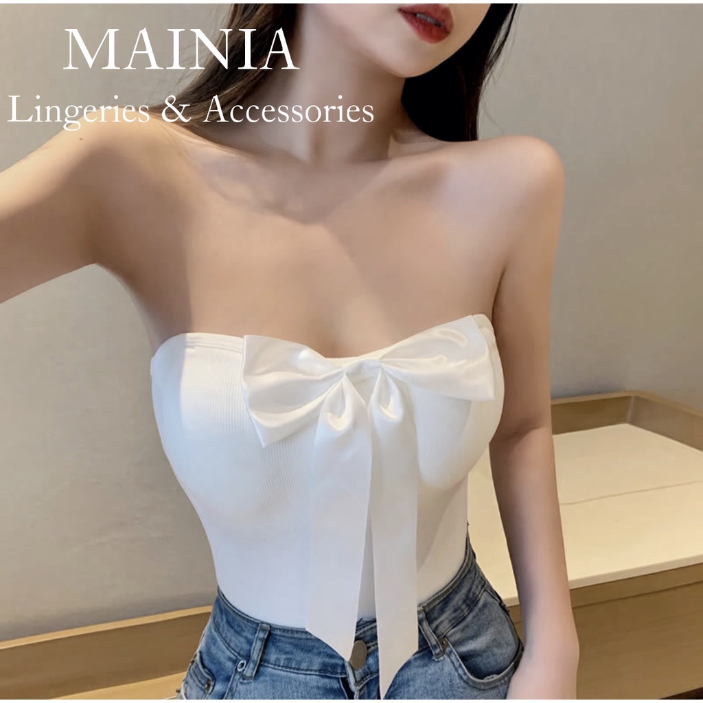 [Tặng Dây Áo Trong] Áo Bra Quây Cotton Đính Nơ Lụa Xinh Xắn Áo Croptop Len Tăm Cao Cấp Mainia Shop