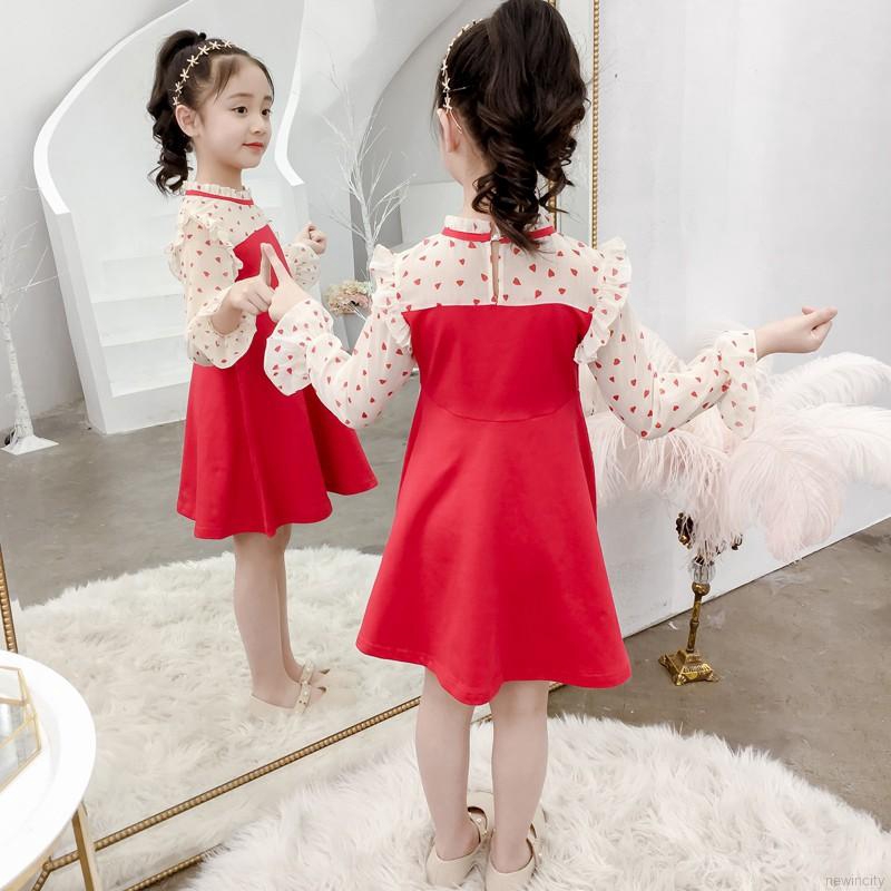 Đầm tay dài phồng in họa tiết trái tim phong cách Hàn Quốc thời trang cho bé gái