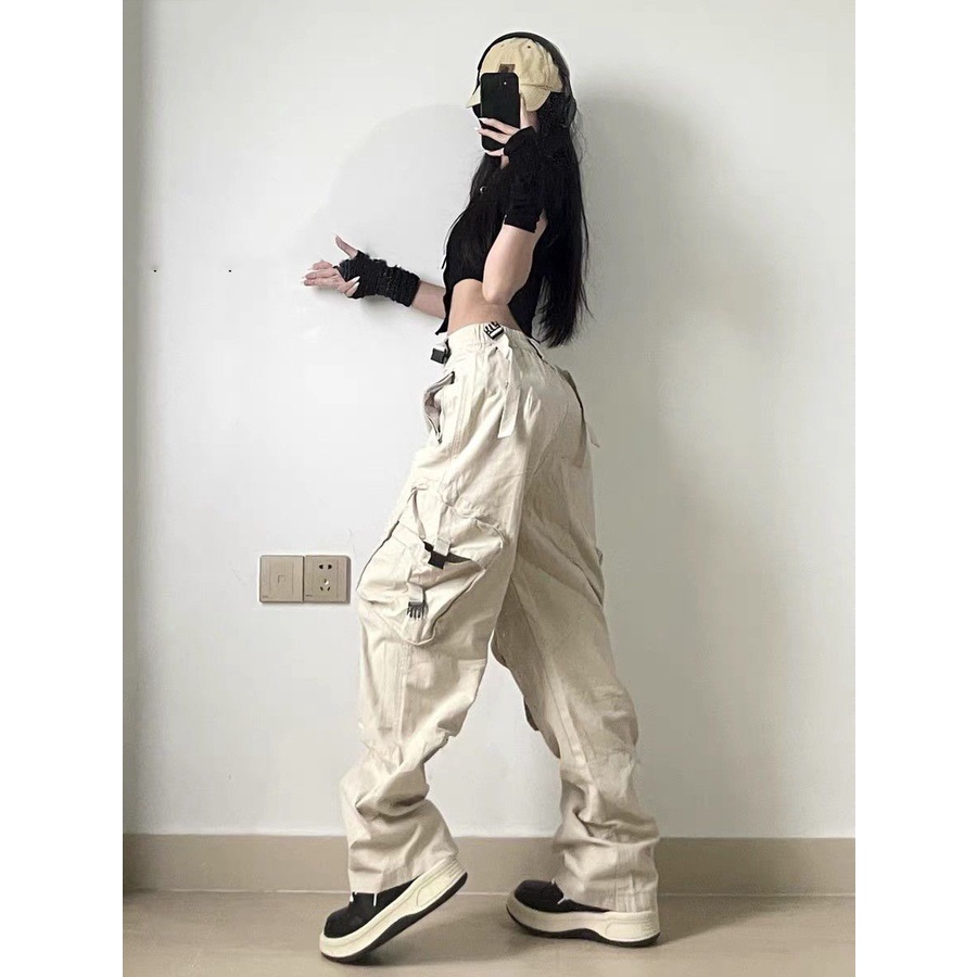 Quần Dài Ống Rộng Phối Túi Phong Cách Hip Hop Đường Phố Mỹ Cá Tính Cho Nữ