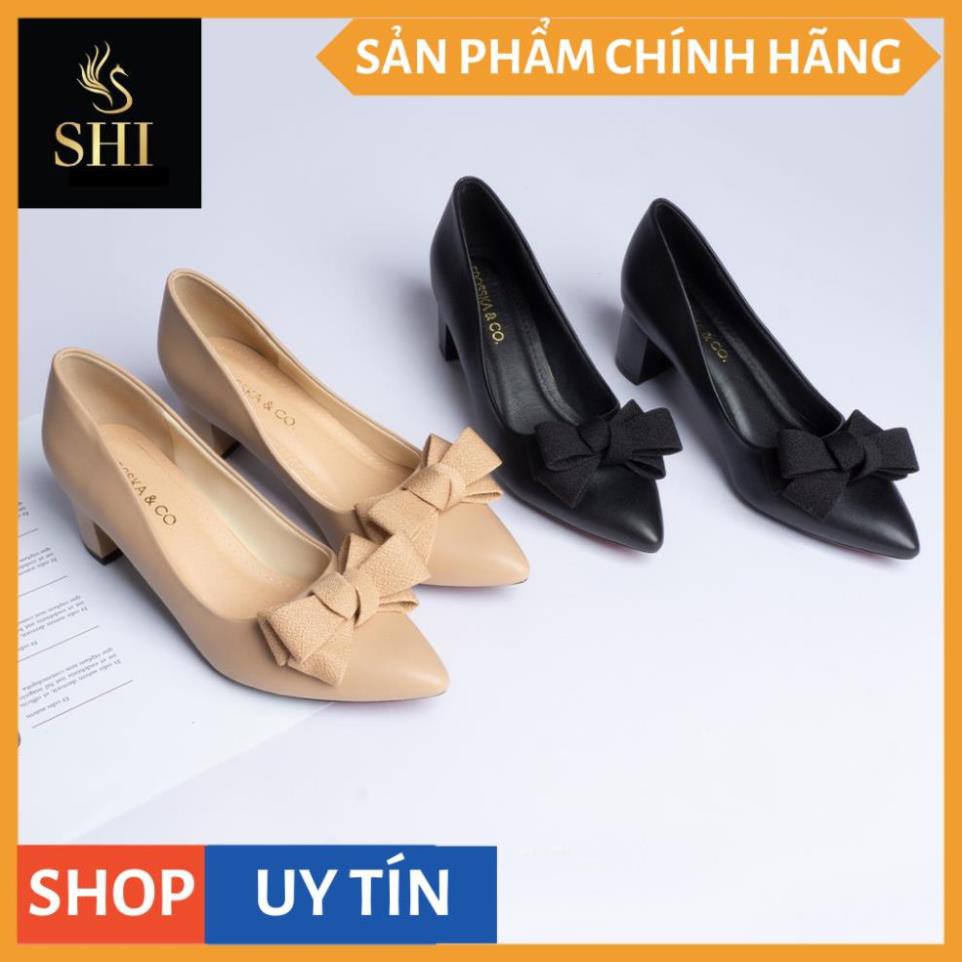 Giày cao gót Erosska thời trang mũi nhọn đính nơ điệu đà kiểu dáng cơ bản cao 5cm màu kem _ EP005 | BigBuy360 - bigbuy360.vn