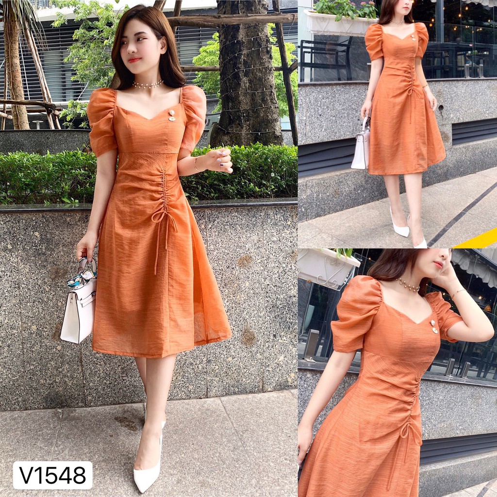 Váy cam rút dây cổ vuông V1548 (tặng kèm tag cài)  - Đẹp Shop DVC - Kèm ảnh thật trải sàn do shop tự chụp