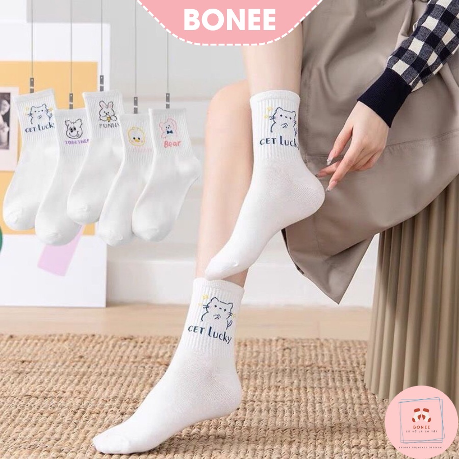 Set 5 đôi tất cổ cao nữ vải hàn dệt kim , vớ cao cổ dễ thương vintage ullzang BONEE