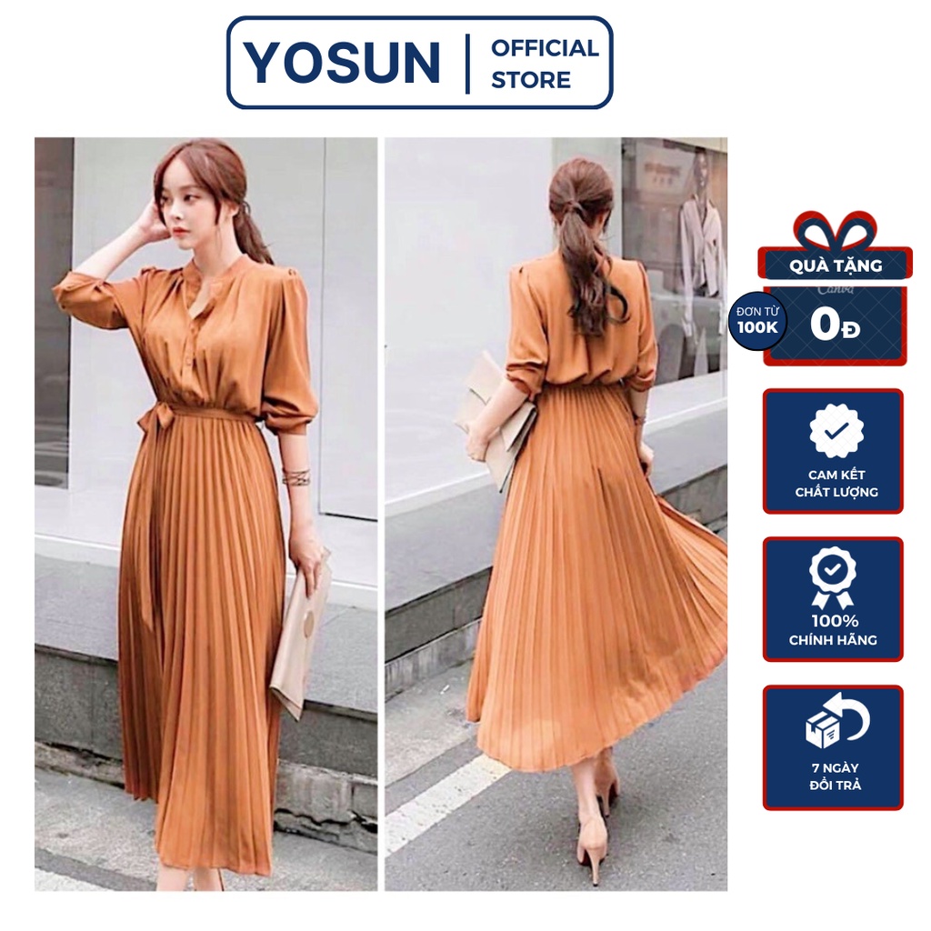 Đầm Dạo Phố Sống Ảo Dáng Dài Xếp Li Cột Nơ Xinh Xẻo, Đầm Cổ Sơ Mi Nút Trước Tay Lở Thanh Lịch Màu Cam