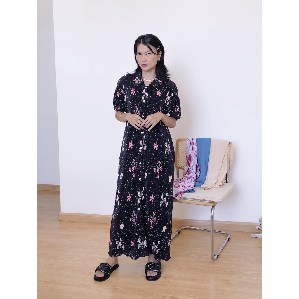 MADAMN - RoseMary, Váy Sơ Mi Dáng Suông, cách điệu Chất Liệu Dập Ly