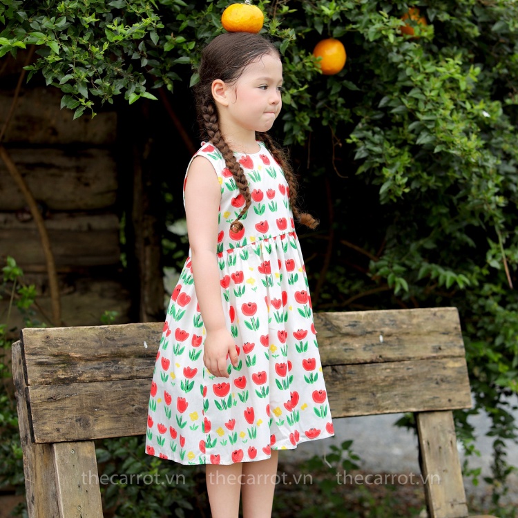 Váy Tim Lưng Carrot Cho Bé Gái, Họa Tiết Hoa Tulip, Chất Thô Cotton Thoáng Mát Thấm Hút Mồ Hôi Tốt
