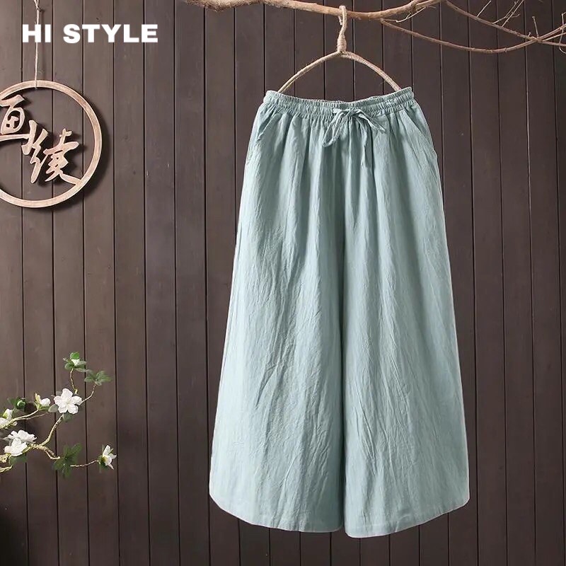 Quần dài nữ ống rộng vải Cotton lanh phong cách Vintage và rentro lưng thun quần âu rộng rãi  ống rộng cho nữ