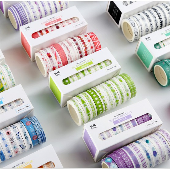 Hộp 10 cuộn Washi Tape Băng keo dán họa tiết cao cấp DIY trang trí sổ, chia dòng 8mmx3m- Văn Phòng Phẩm Sáng Tạo