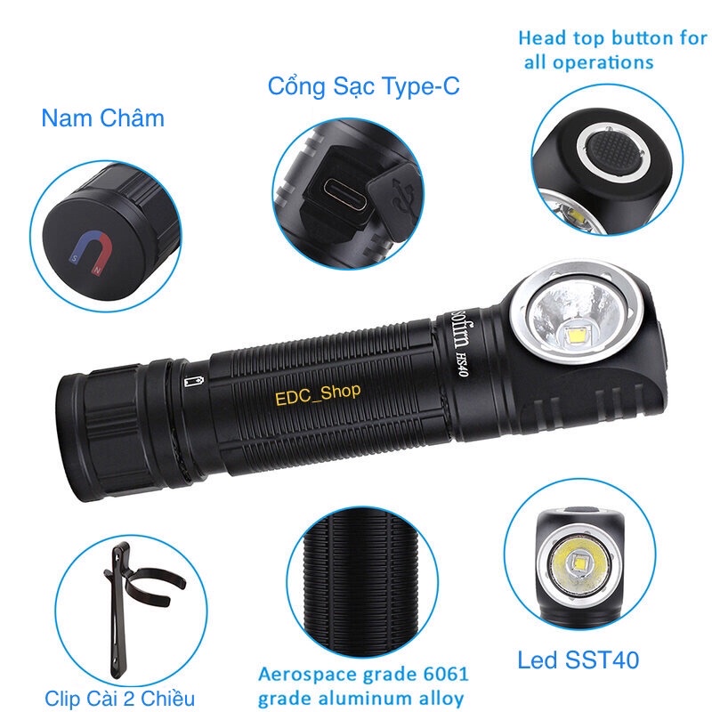 Đèn Pin Sofirn HS40 Led SST40 2000LM Đèn Gù Đội Đầu 9 Chế Độ Pin 18650 Sạc Type C Trên Thân Đèn Chính Hãng