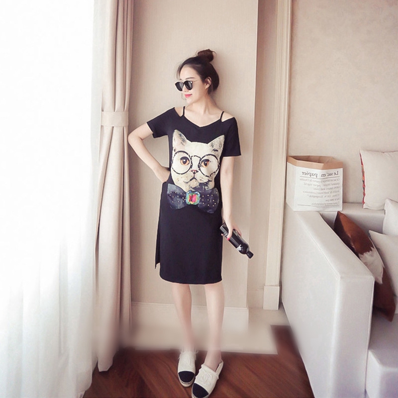 dress Short sleeve Bare shoulders  Cartoon cat graphics Shift dresses Korean cloths