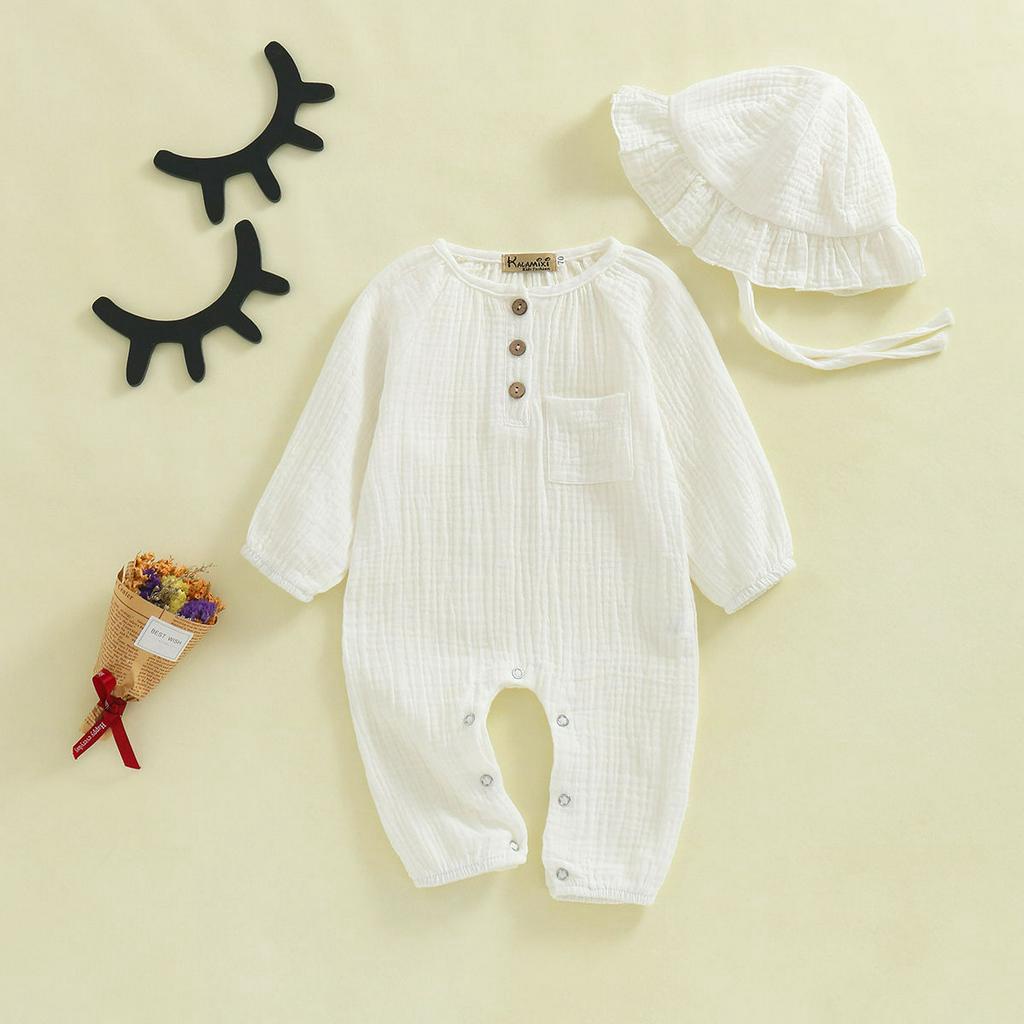 Set áo liền quần 2 dây + nón vải lanh xinh xắn dễ thương cho bé từ 0-2 tuổi