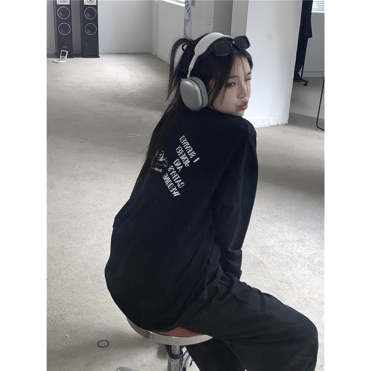 Áo thun tay dài dáng rộng màu đen in họa tiết chữ cái phía sau phong cách Mỹ harajuku thời trang mùa thu dành cho nữ