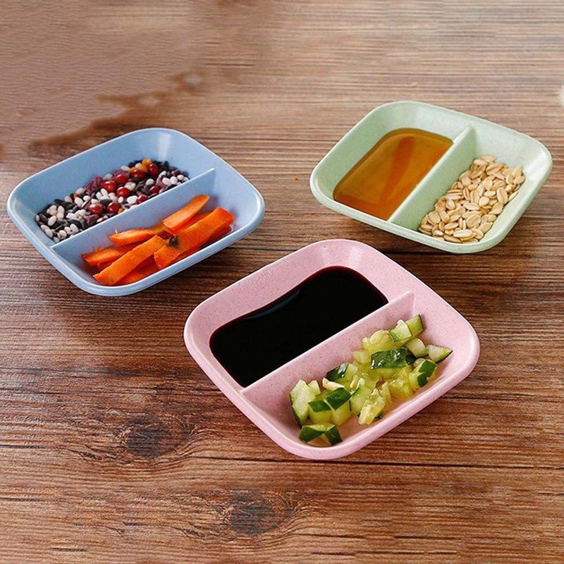 1 Pc Polychromatic Square Double Lattice Wheat Straw Snack Plate Seasoning Dish