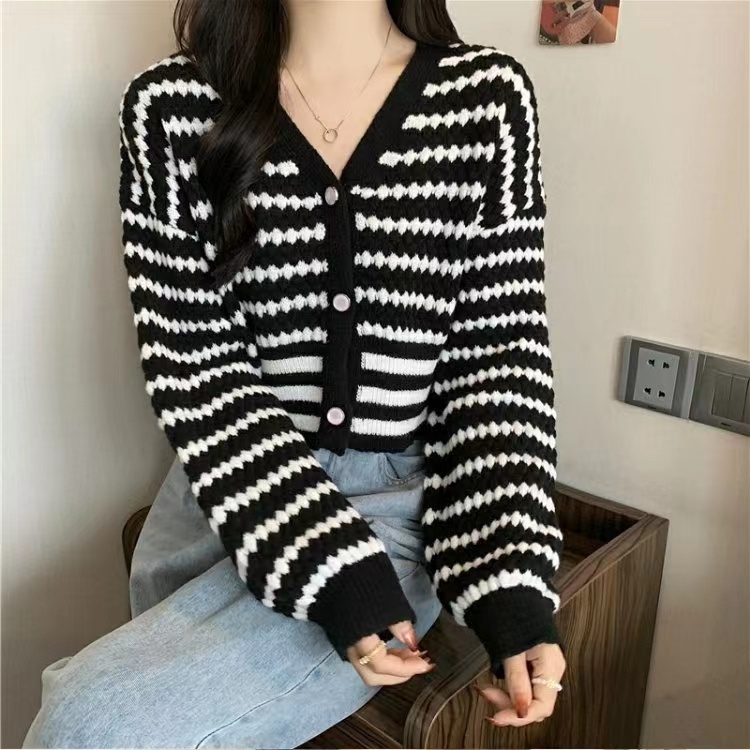 Áo Khoác Cardigan Dệt Kim Cổ Chữ V Họa Tiết Kẻ Sọc Thời Trang Mùa Thu Mới Cho Nữ