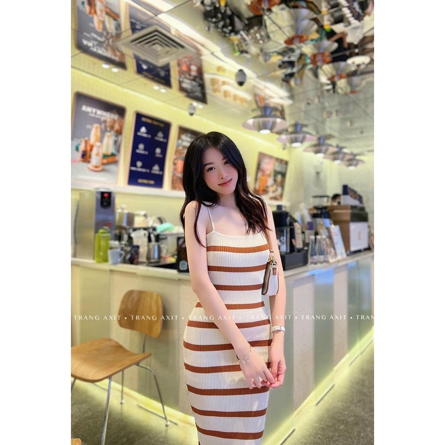 Váy len maxi 2 dây body kẻ sọc pha màu - bigsize mặc được