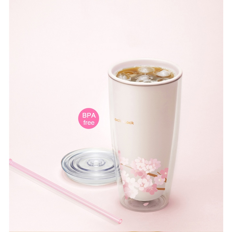 Ly Nhựa 2 lớp Lock&amp;Lock Cherry Blossom Kèm Ống Hút HAP509WHT / HAP509PIK 750ml