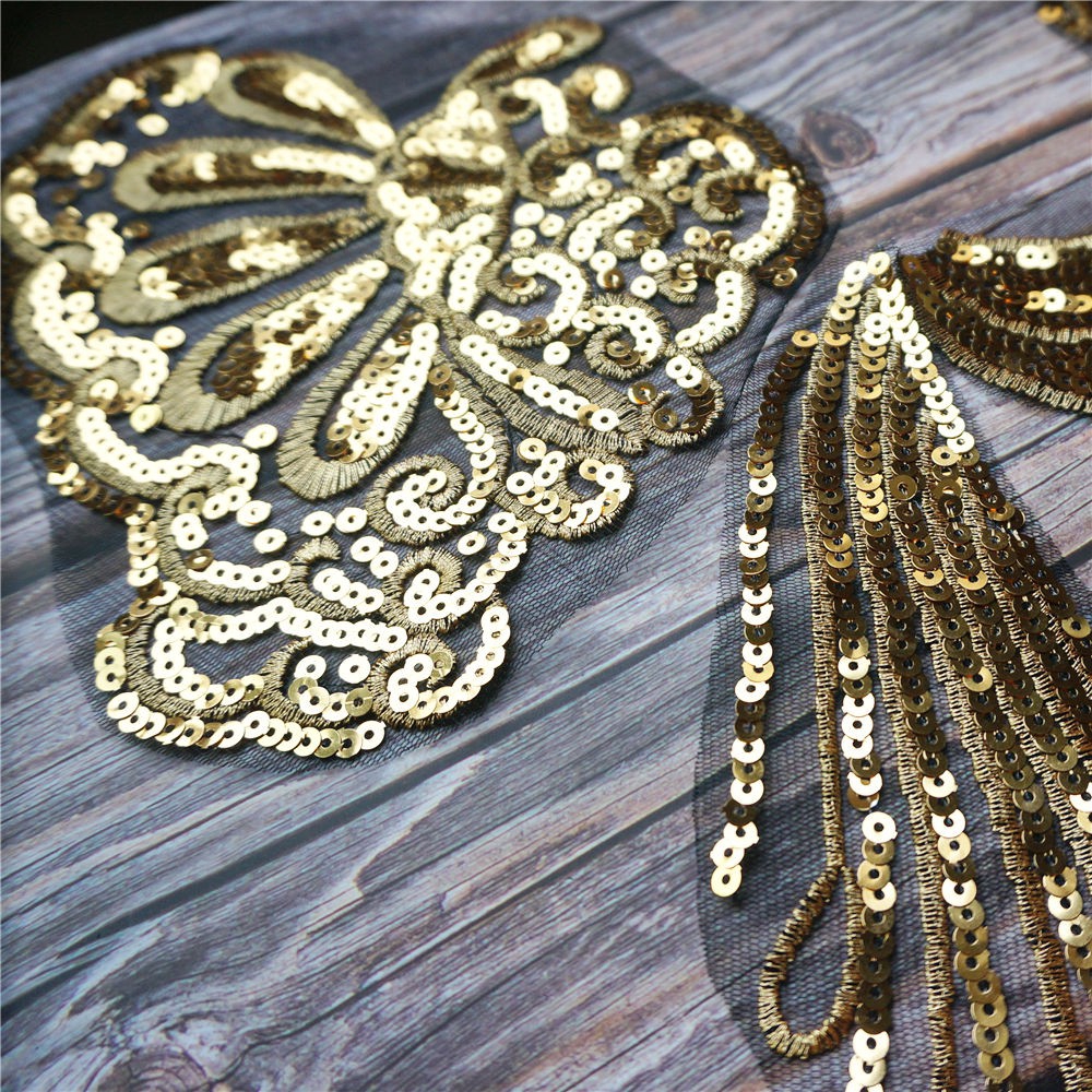 Miếng Vải Tuyn Màu Vàng Đen Thêu Hoa Đính Kim Sa Lấp Lánh Trang Trí Cổ Áo Cho Đám Cưới diy