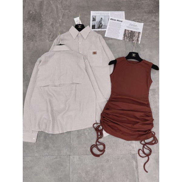 Set Đồ Nữ Ms.1586 Đầm Body Rút Hông Tay Sát Nách Chất Zip Phối Áo Khoác Sơ Mi Cắt Lưng Chất Thô Lụa