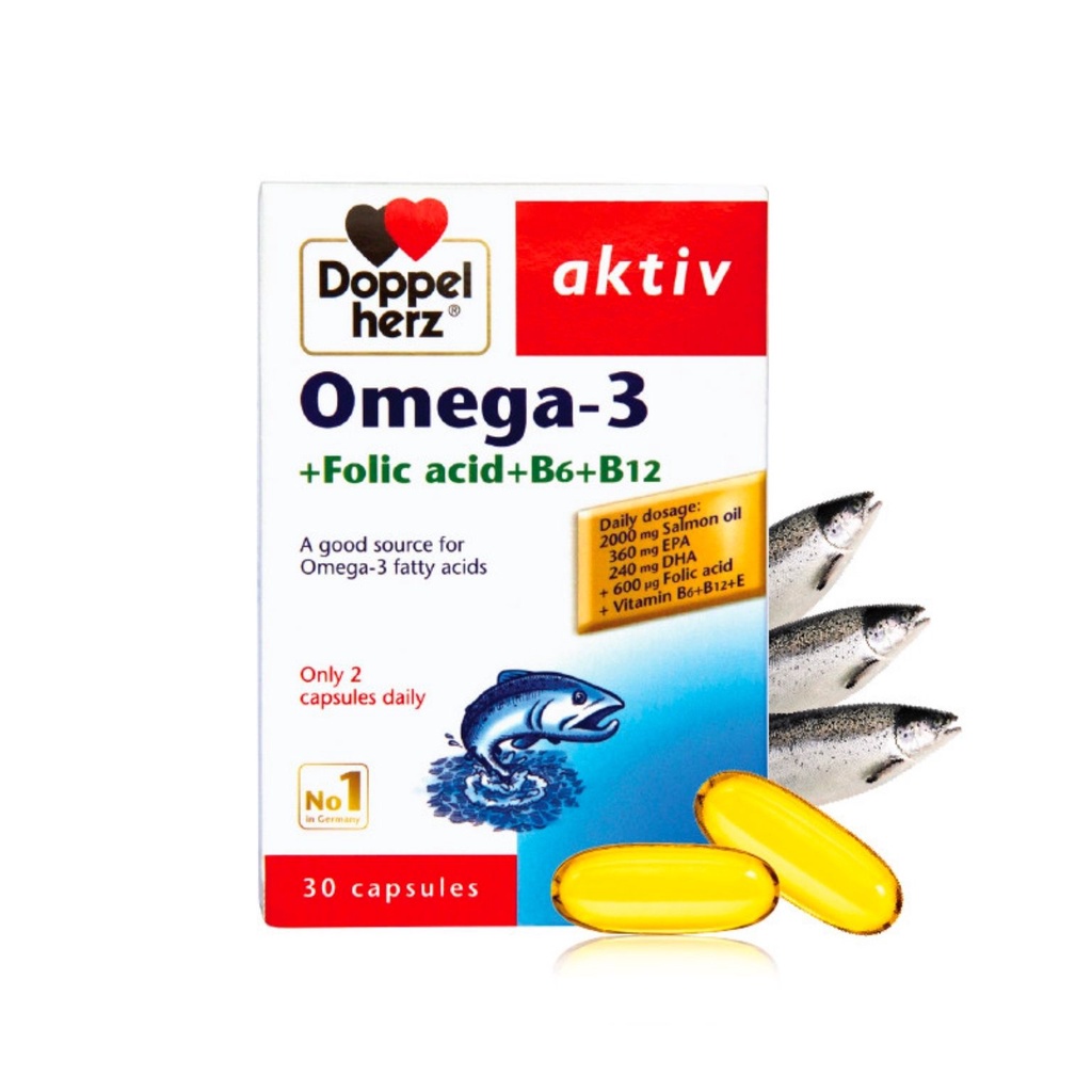 Viên Uống Omega 3 Doppelherz Aktiv Omega-3 + Folic Acid Giúp Tăng Cường Sức Khỏe Tim Mạch Và Thị Lực (Hộp 30 Viên)