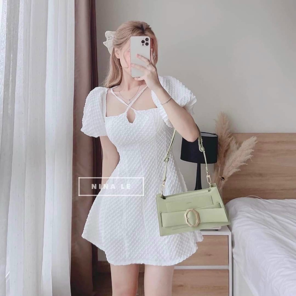 Đầm váy nữ lụa xốp cổ yếm 4 màu dáng xòe cực xinh phối ống tay phồng đi chơi dự tiệc phong cách tiểu thư