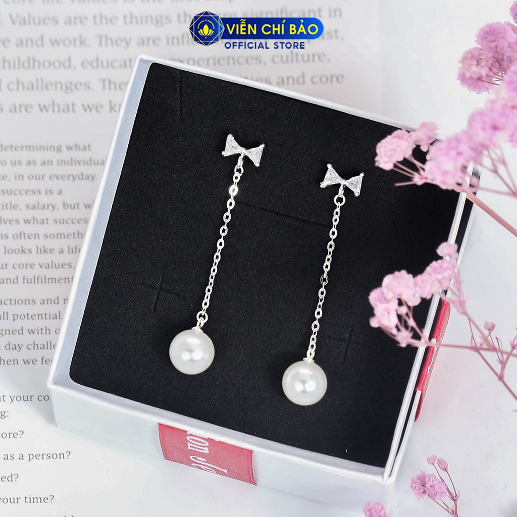 Bông tai bạc nữ Trái châu hình nơ đính đá chất liệu bạc 925 thời trang phụ kiện trang sức nữ Viễn Chí Bảo B400502