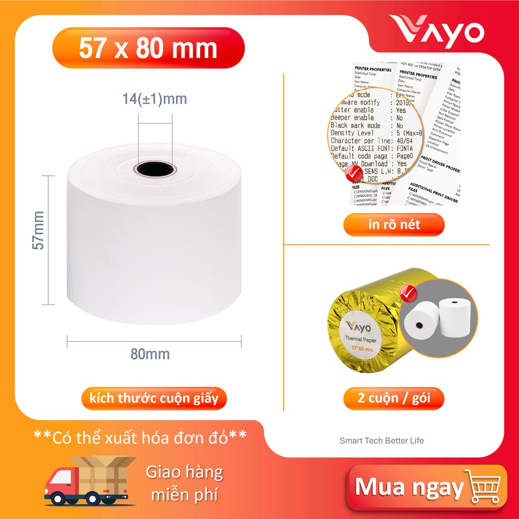 Giấy in nhiệt K57, giấy in bill VAYO, số #1 Thái Lan, kích thước 57mm x 80mm, (50 cuộn )