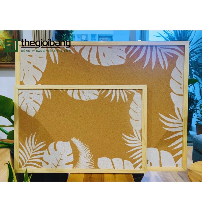 Bảng ghim bần ghi chú,note, ảnh, vintage, khung gỗ LIE trang trí Decor hoạ tiết TROPICAL ( tặng ghim).