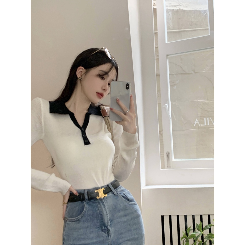 Áo Len Tay Dài Cổ Chữ V Màu Tương Phản Phong Cách Hàn Quốc Thời Trang