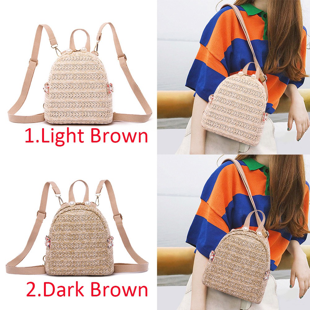 Ba lô cói đan đính ngọc trai nhân tạo thời trang dành cho nữ