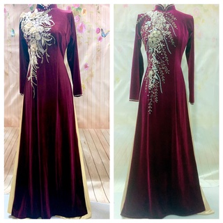 áo dài nhung đỏ đô hoa chùm tặng mẹ đi tiệc Hình thật 100% cổ cao và cổ thuyền