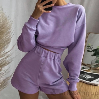 Áo crop top tay dài màu trơn/ Quần đùi lưng thun co giãn thoải mái thời trang cho nữ