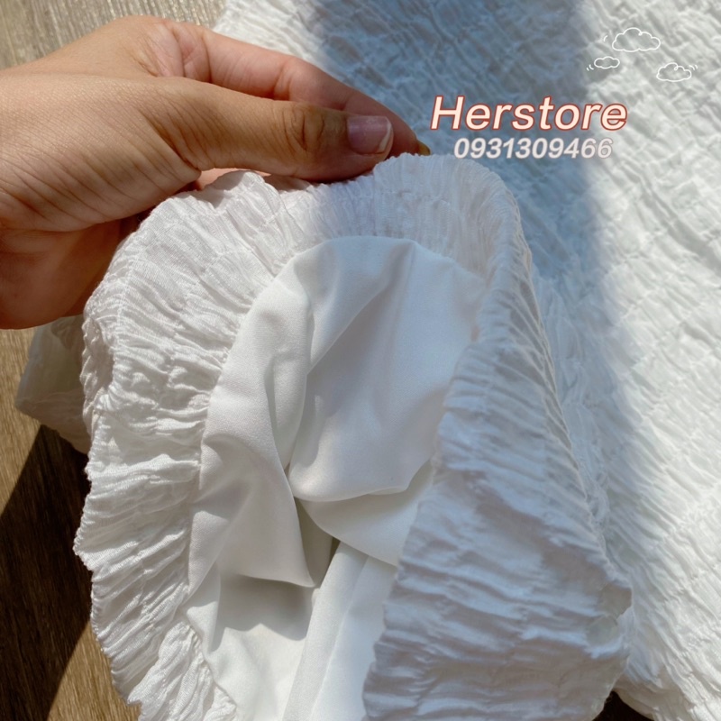 Váy trắng tay phồng tiểu thư dáng xòe hai lớp -herstore