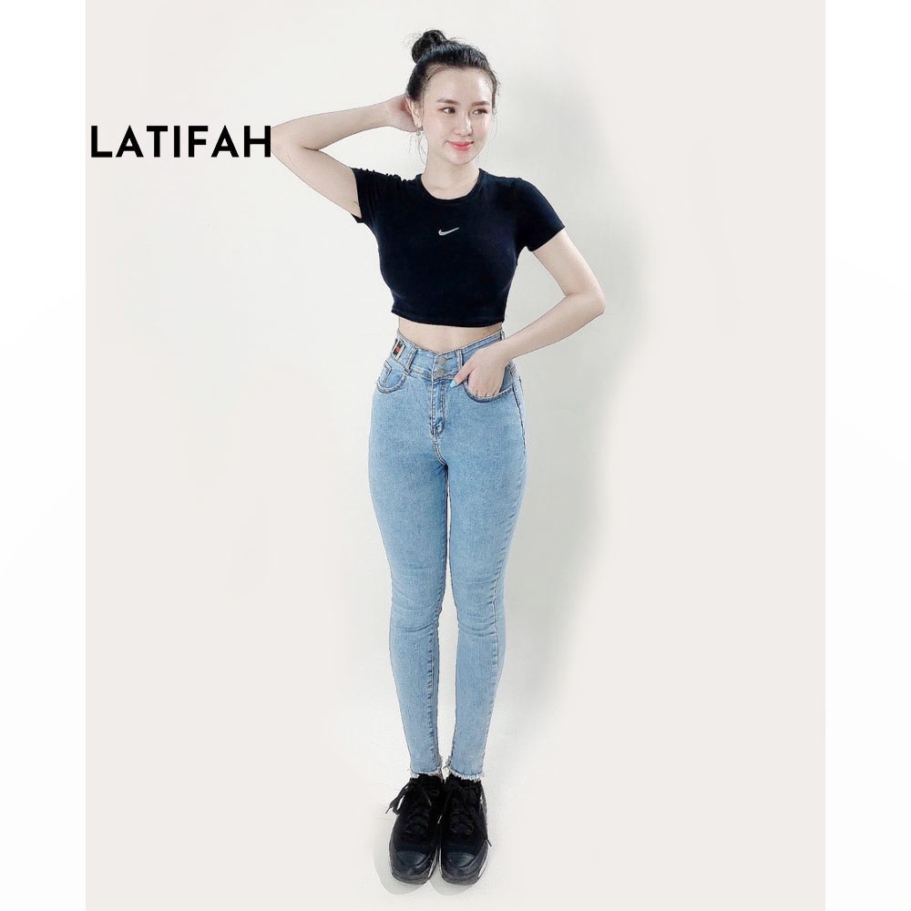 [Mã BMBAU50 giảm 50K đơn 150K] Quần jeans nữ co giãn LATIFAH cạp siêu cao đắp nịt màu xanh trắng QD025