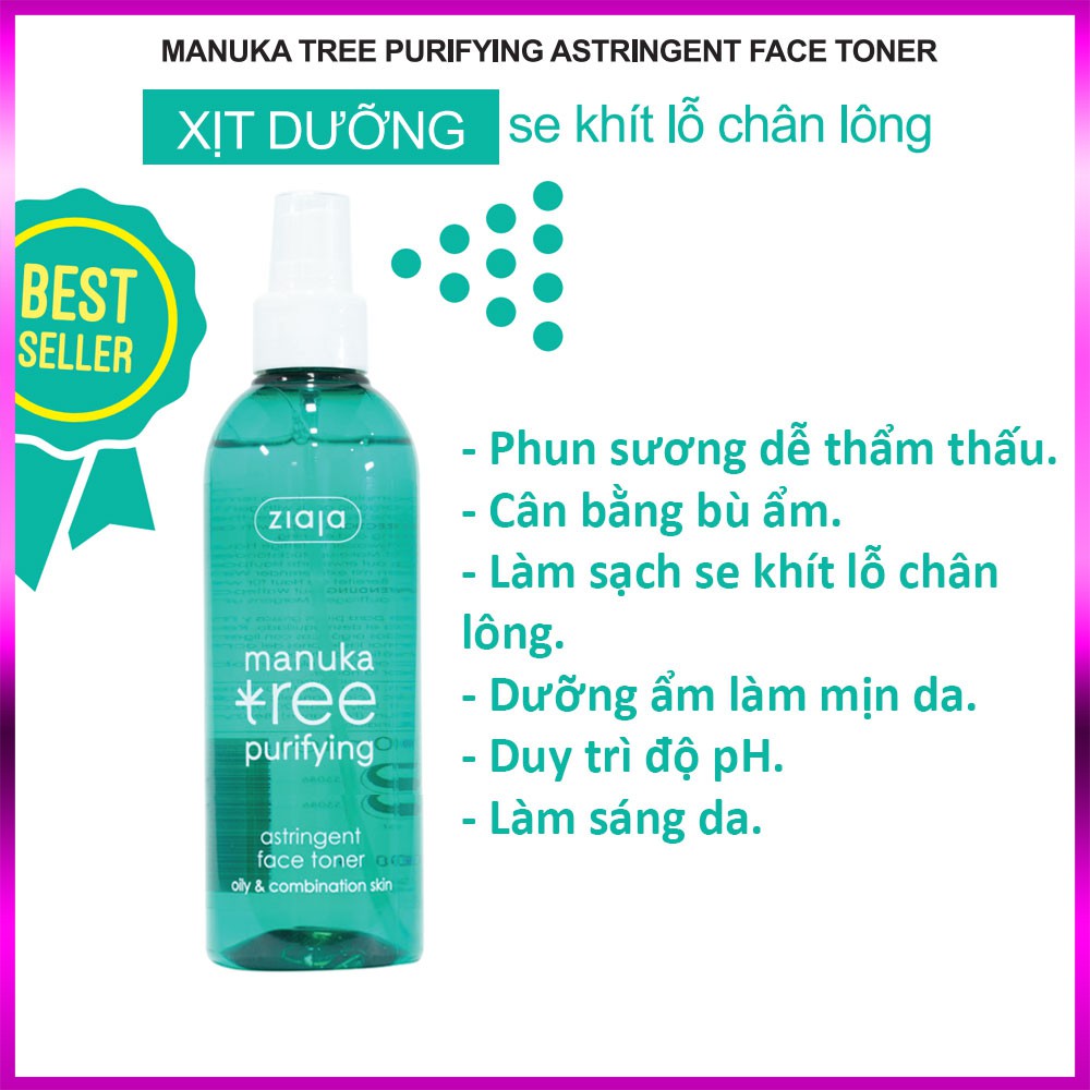 Nước hoa hồng se khít lỗ chân lông ZIAJA Manuka Tree Face Toner 200ml Toner xịt khoáng và dưỡng ẩm dành cho da dầu