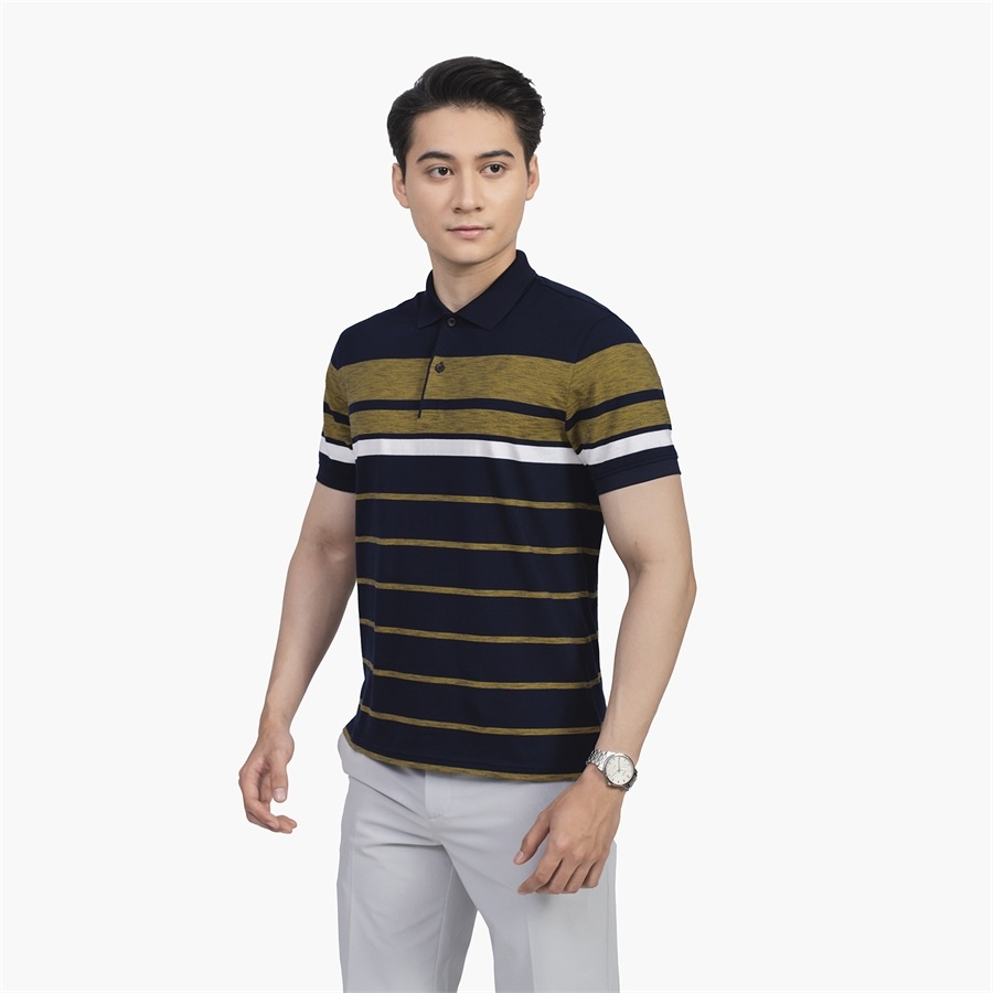 Áo thun polo nam Aristino APS001S2 phông ngắn tay có cổ bẻ dáng suông màu xanh rêu kẻ ngang vải cotton cao cấp mềm mát