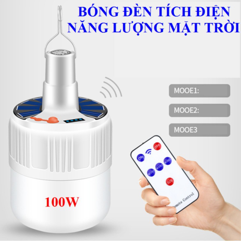 Bóng đèn tích điện 100W, điều khiển từ xa, có tấm pin mặt trời thu năng lượng, kèm củ xạc