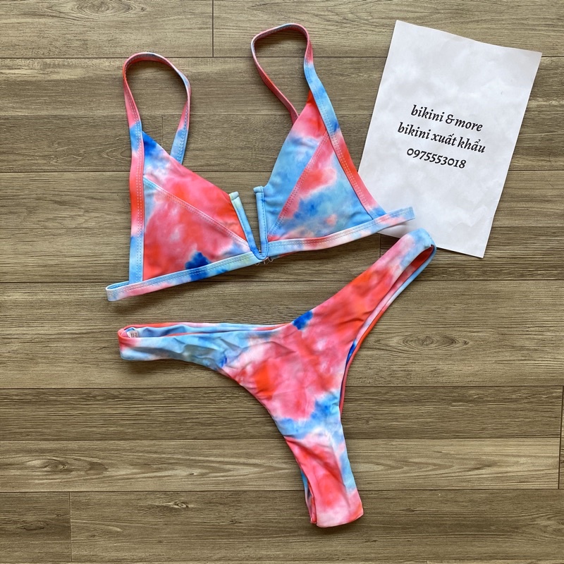 [BKN777] &lt;ÂU&gt; SET BIKINI CỔ V LOANG XANH ĐỎ QUẦN THONG/LỌT KHE