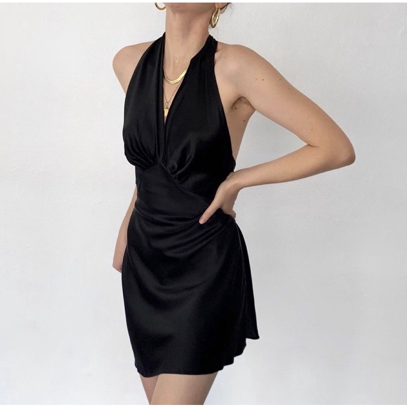 Đầm lụa ngắn ELISE MINI SILK DRESS - Đầm thiết kế cao cấp - Đầm cột dây cổ- Đầm hở lưng♥️