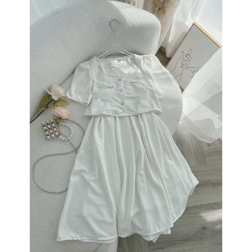 SET ÁO TRẮNG TÚI NƠ CỔ VUÔNG + CHÂN VÁY MIDI