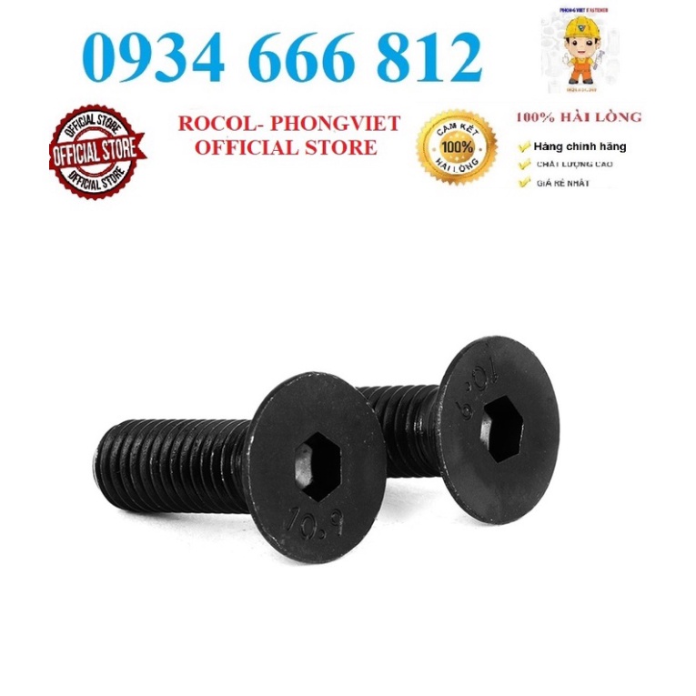 Set 50 cái và 10 cái M6 Bulong lục giác chìm đầu bằng M6 thép mạ cấp bền 10.9 M6