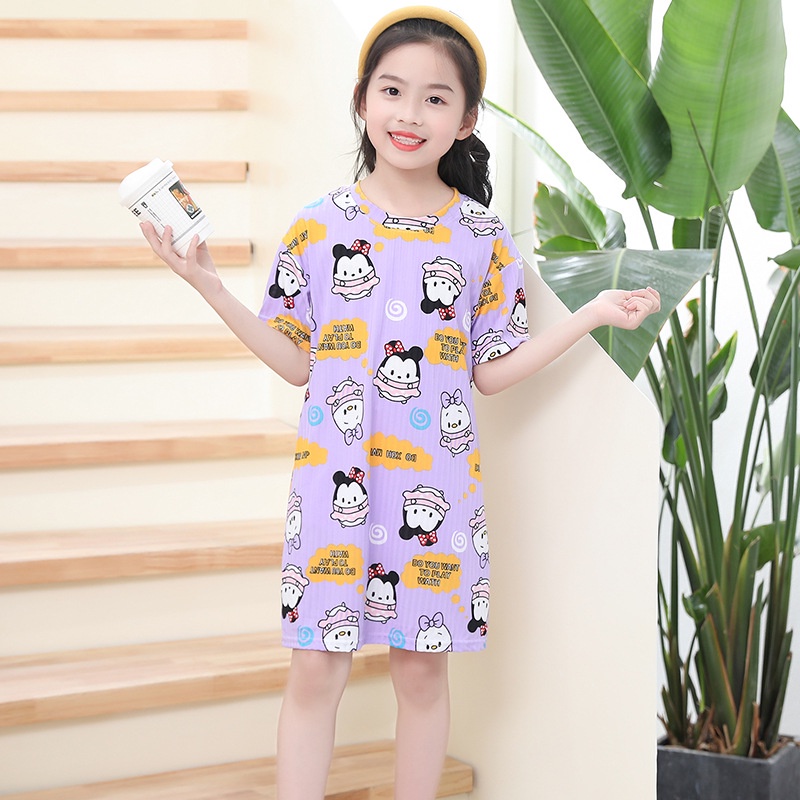 Đầm Ngủ Tay Ngắn Cổ Tròn In Họa Tiết Hoạt Hình Thời Trang Mùa Hè Xinh Xắn Cho Bé Gái